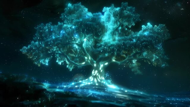 Solitary tree emanating a dazzling glow amidst pitch darkness. Myriad luminescent particles coating its leaves seem to embody the essence of life energy. 