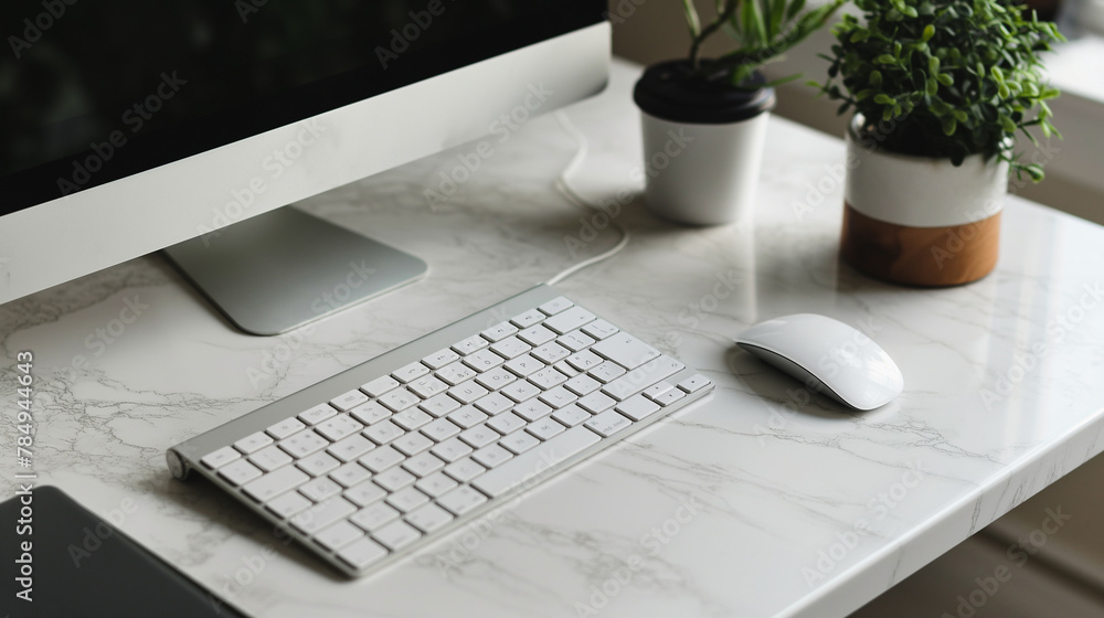 Poster a white apple computer monitor sits on a desk with a keyboard and mouse