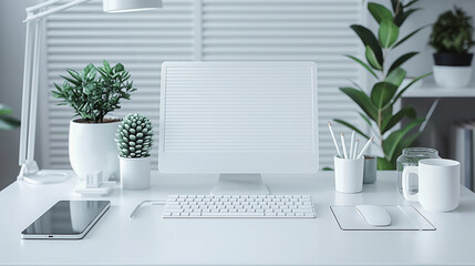 Obraz premium A computer desk with a white monitor, keyboard, mouse, and a few plants