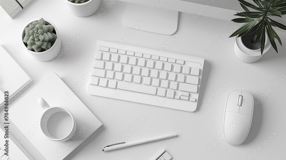 Aufkleber a white computer keyboard sits on a desk with a mouse and a pen