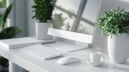 A computer desk with a white computer monitor, keyboard, mouse