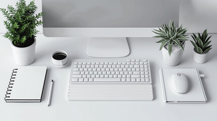 A white computer desk with a keyboard, mouse, and a cup of coffee