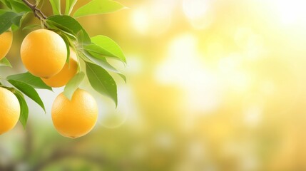 Ripe Oranges on Branch, Fresh Citrus Fruit, Sunny Orchard Background