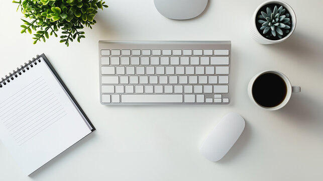 A white keyboard sits on a desk next to a notebook and a pen