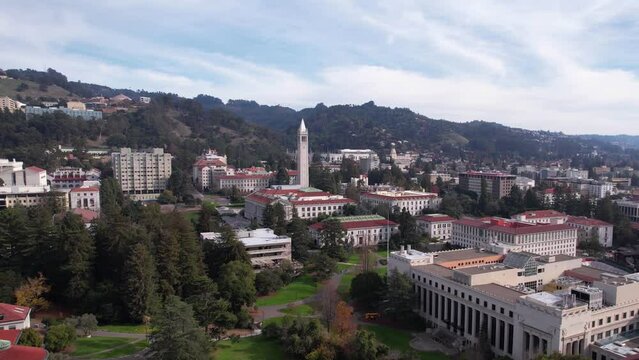 Aerial View, University of California Berkeley Campus Building, Establishing Drone Shot