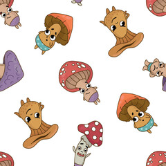 Seamless pattern with mushroom characters. Design for fabric, textile, wallpaper, packaging.	
