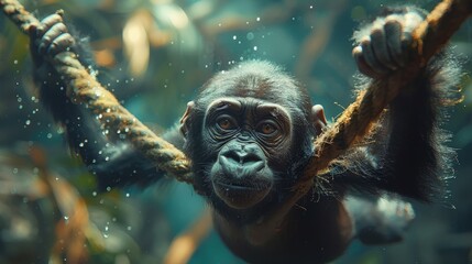 Obraz premium Gorilla Playfully Swinging from Tree Branches, Displaying Agility and Playfulness.
