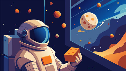 Floating through the vacuum of space the human astronaut od up a pack of interstellar cheese puffs and munched on them while admiring the - obrazy, fototapety, plakaty