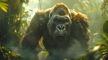 Gorilla Standing Proudly in the Dense Jungle, Exuding Strength and Majesty.