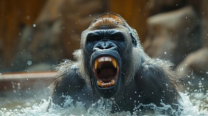 Gorilla Roaring Loudly, Asserting Dominance and Authority in Its Territory. - obrazy, fototapety, plakaty