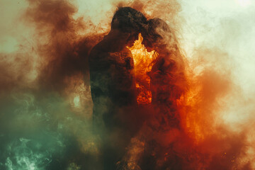 Fototapeta na wymiar A couple is kissing in the middle of a cloud of smoke