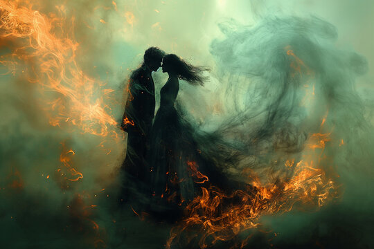 A couple is shown in a painting with a fire in the background