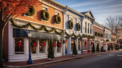 Obraz premium A charming small town decorated for the holidays, with storefronts adorned with wreaths and garlands.