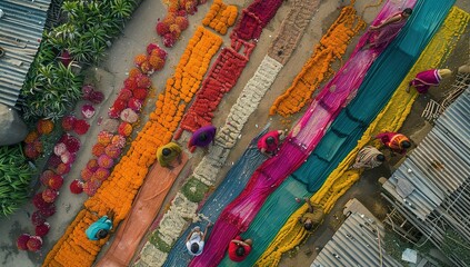 Aerial view of Women at work on the preparation of natural fabric, Barga, Rajshahi, Bangladesh