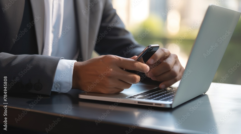 Poster businessman hands typing on a keyboard or scrolling through a smartphone,