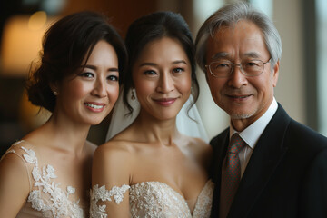 A man and two women are posing for a picture