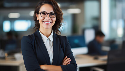 Young confident caucasian white business woman smiling in corporate background with copy space. Success, career, leadership, professional, girl boss in a workplace concept - obrazy, fototapety, plakaty