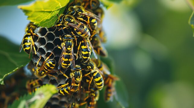 A nest of yellow jackets the meticulous workers of nature golden against the green