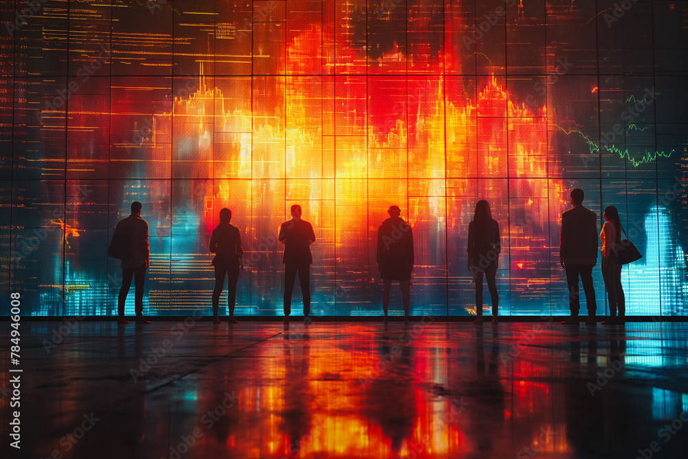Poster a group of people are standing in front of a large screen with a colorful