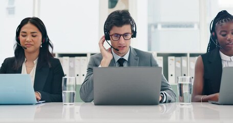 Business people, customer service and tech support with consultation, help desk and connection. Group, teamwork and employees with call center, staff or crm with insurance agent or hotline for advice