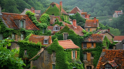 A quaint forgotten village houses overrun by wildflowers and climbing ivy