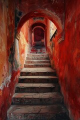 A red brick staircase with a red archway leading to the top