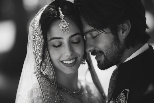 A bride and groom are embracing each other in a black and white photo