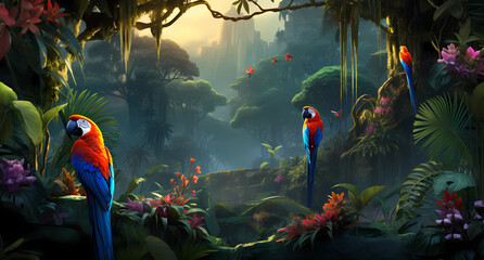 Naklejka premium A lush rainforest scene with exotic birds and flowers
