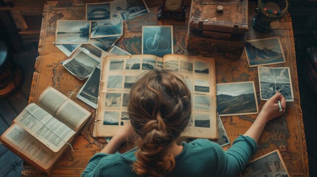 A woman sits at a desk with a pile of photos and books