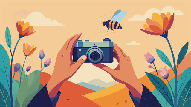 A closeup shot of wrinkled hands delicately holding a vintage film camera snapping a photo of a bumblebee gathering nectar from a colorful