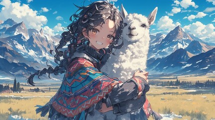 アルパカを抱く少女、アンデス高原13