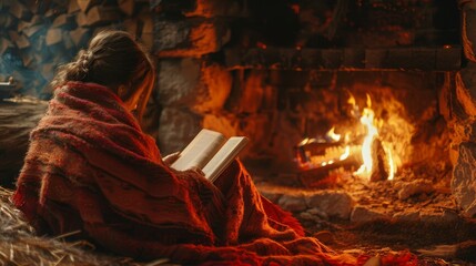 A woman is sitting in front of a fireplace with a book in her lap - obrazy, fototapety, plakaty