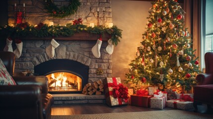 A cozy living room adorned with twinkling lights, a decorated Christmas tree, 