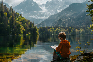 Boy sitting on the shore of mountain lake and reading book