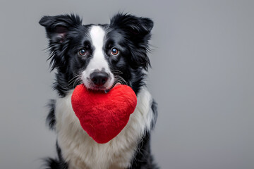 Portrait of border collie dog with red heart on grey background