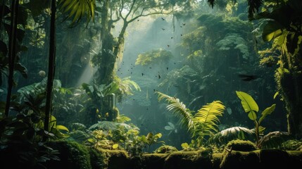 tropical rainforest teeming with exotic plant life and vibrant bird species, evoking a sense of adventure and exploration.