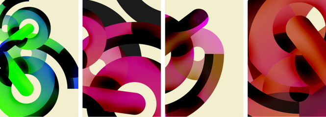 A visually striking collage of pink, violet, magenta, and white swirls in various patterns and shapes like circles and rectangles, showcasing artistic graphic design
