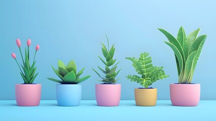 Fototapeta premium An array of indoor plants in vibrant pink, blue, and yellow pots, standing out against a gradient blue background for a lively display.