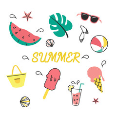 Hand drawn set of simple colored icons with summer elements. A collection of cartoon icons with one line. 