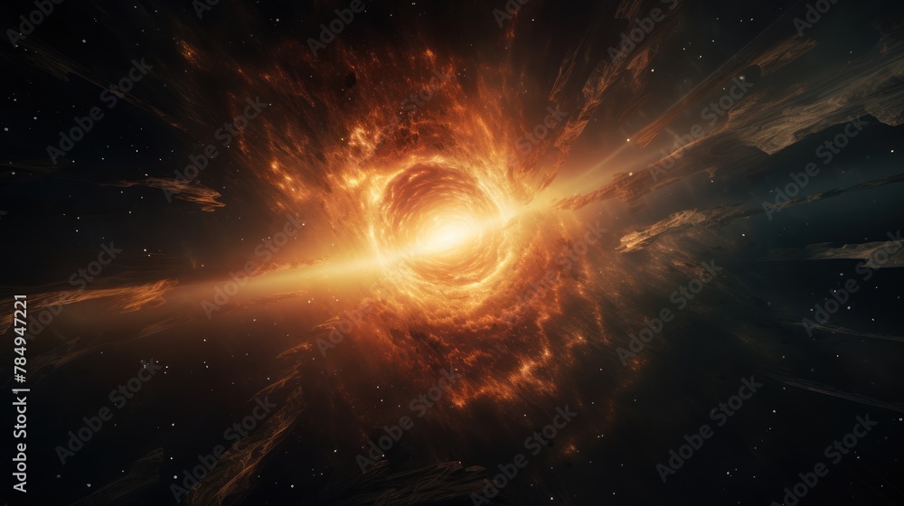 Poster supernova explosion, with shockwaves rippling through space and illuminating the surrounding cosmic 