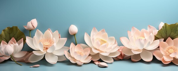 Lotus Flowers Bundle Isolated on a Blue Background with Copy Text Space. Generative AI