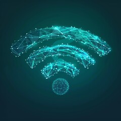 WiFi icon with digital waves flowing outward, abstract network communication, teal background