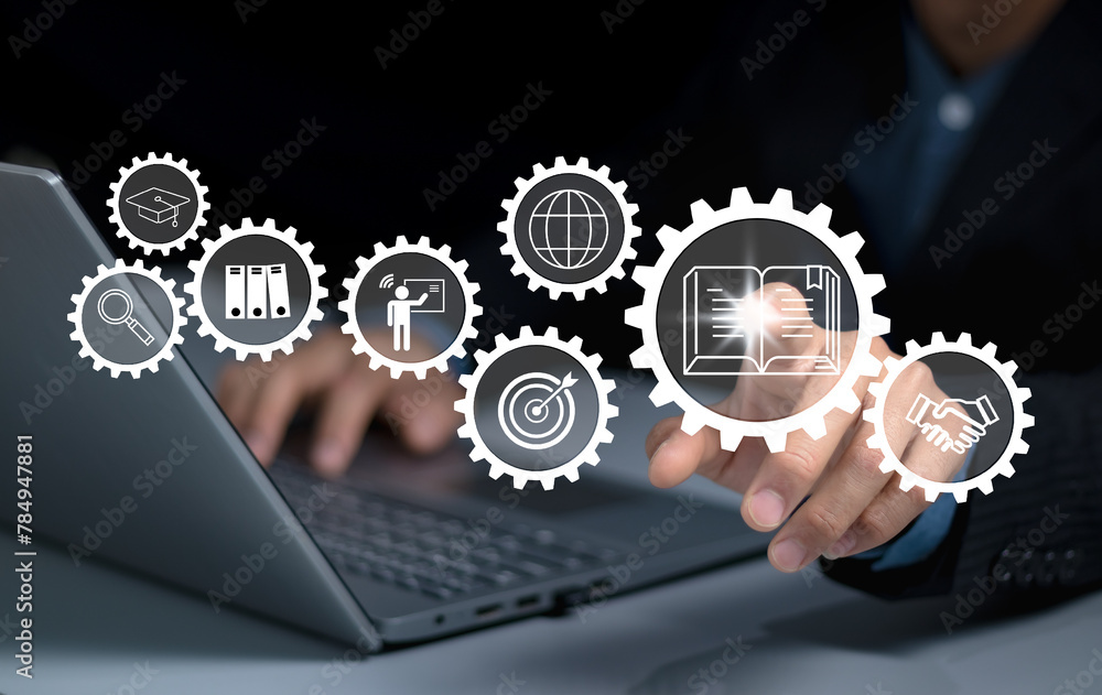 Poster concept of online education. man use online education training and e-learning webinar on internet fo