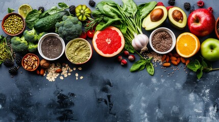 Assorted superfoods on a solid colored background. A variety of superfoods in small bowls, surrounded by fresh fruits, nuts, and vegetables, highlighting a healthy lifestyle