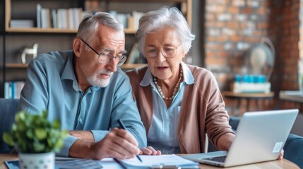 Aged Caucasian Couple Working on Laptop in Modern Home Office