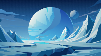 Massive glaciers dominate the surface of Ice Planet their harsh surfaces glistening in the light of the distant sun. In the valleys between icy - obrazy, fototapety, plakaty