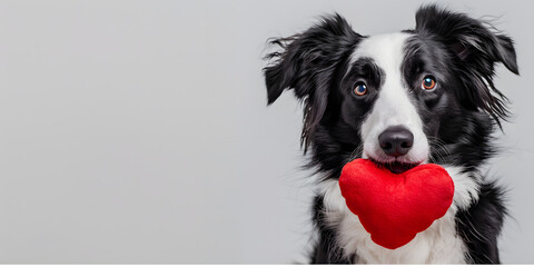 Funny portrait of cute smilling puppy dog border collie with red heart toy