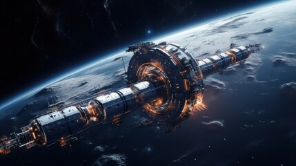 futuristic space station orbiting a distant planet, with sleek lines and glowing lights against the...