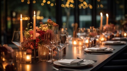 glamorous birthday dinner setup with elegant table settings, floral centerpieces, 