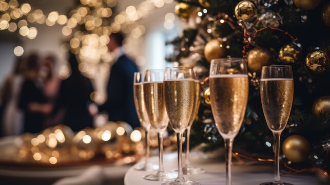 glamorous holiday party with elegant decorations, sparkling champagne, and guests dressed in their festive 